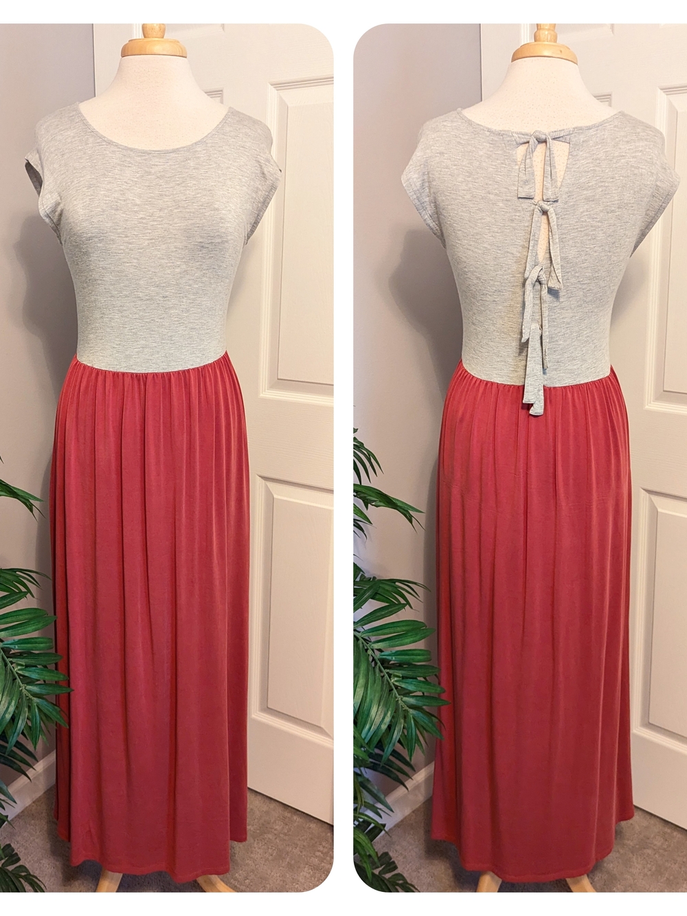 Spense Gray Knit Dusty Rose Tie Back Maxi Dress With Side Slit Medium